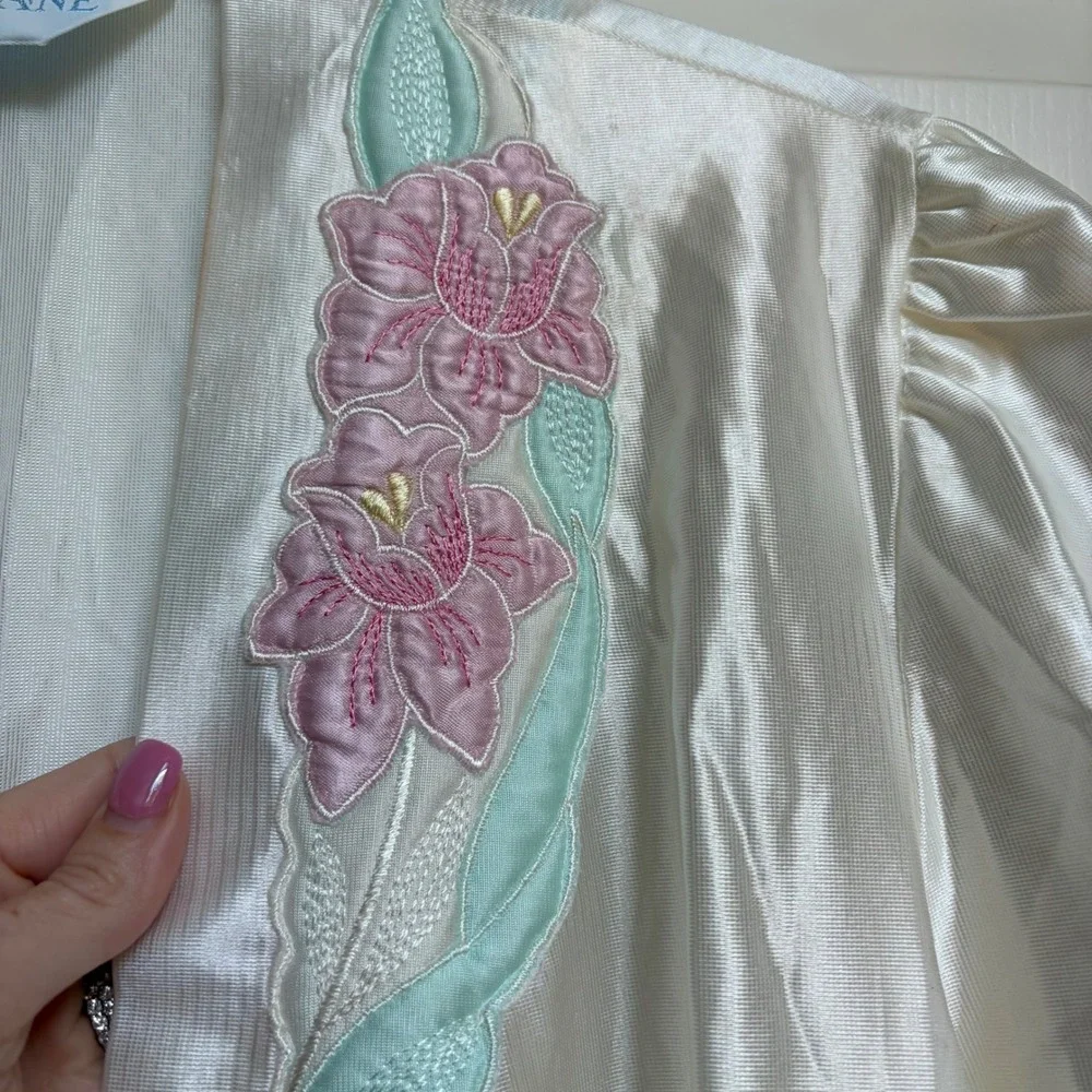 Lorraine Vintage Peignoir Set Ivory Pink Floral Embroidery Robe Gown Small USA